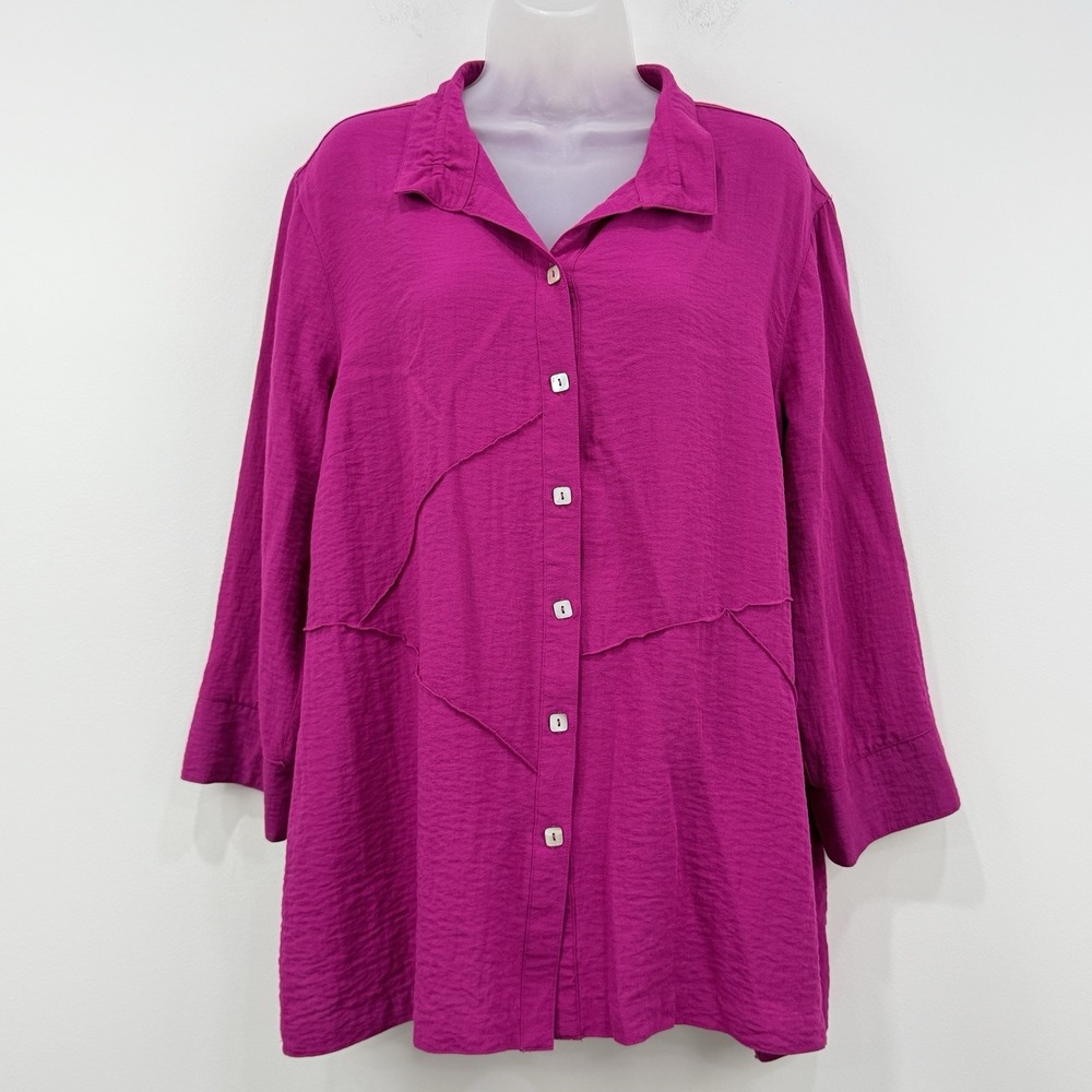 John Mark Top XL Magenta Wire Collar Artsy Button Up Tunic Mature Lagenlook